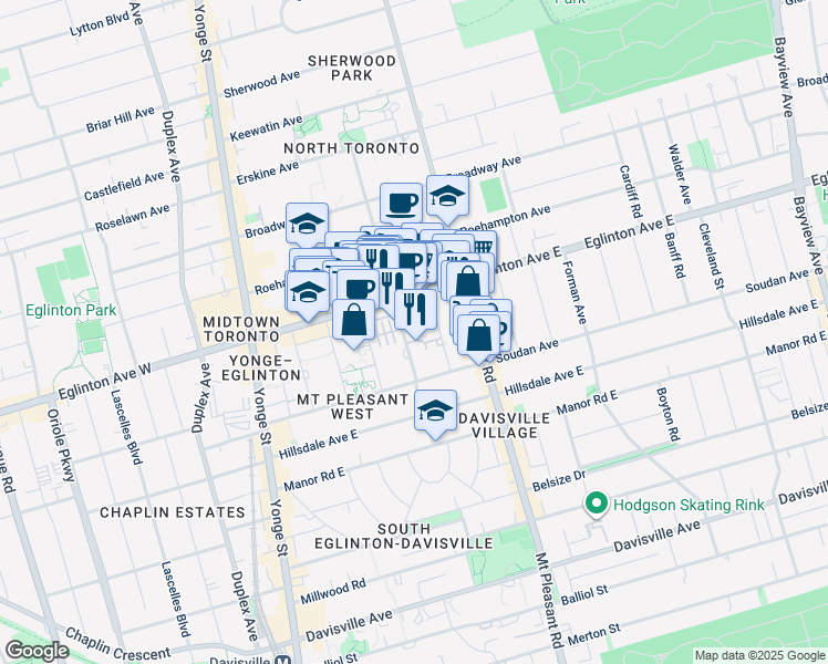map of restaurants, bars, coffee shops, grocery stores, and more near 95 Redpath Avenue in Toronto