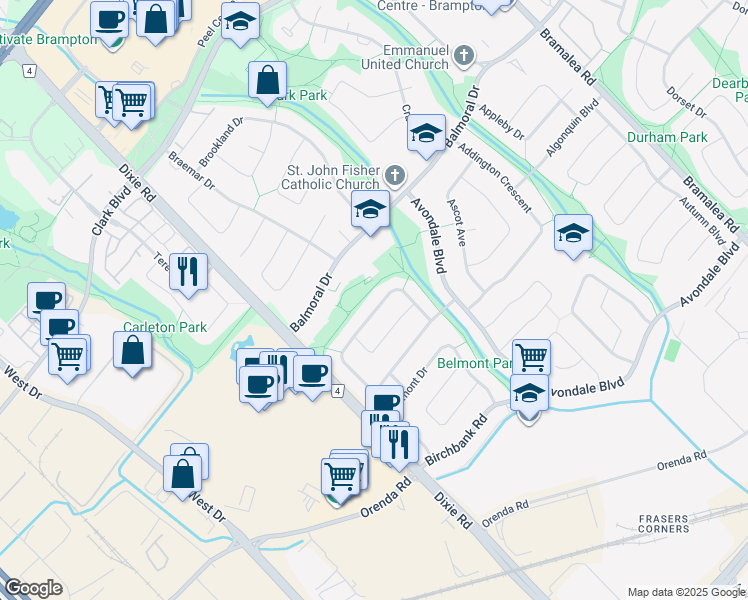 map of restaurants, bars, coffee shops, grocery stores, and more near 111 Brentwood Drive in Brampton