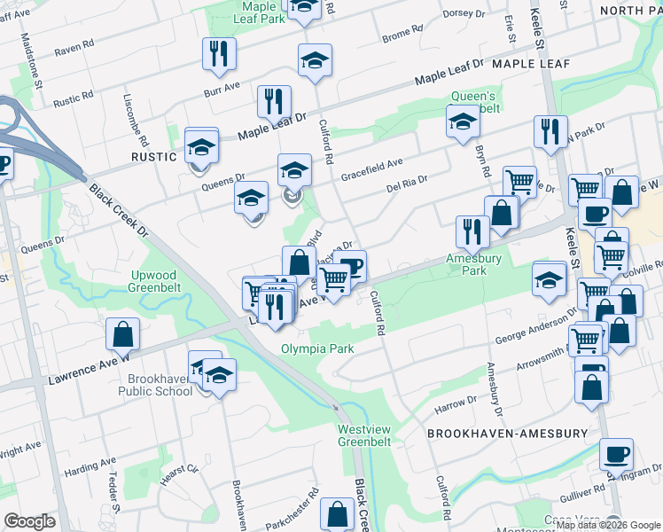 map of restaurants, bars, coffee shops, grocery stores, and more near 19 Jacinta Drive in Toronto