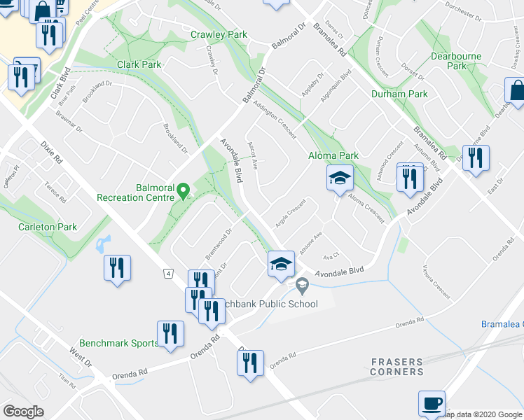 map of restaurants, bars, coffee shops, grocery stores, and more near 116 Addington Crescent in Brampton