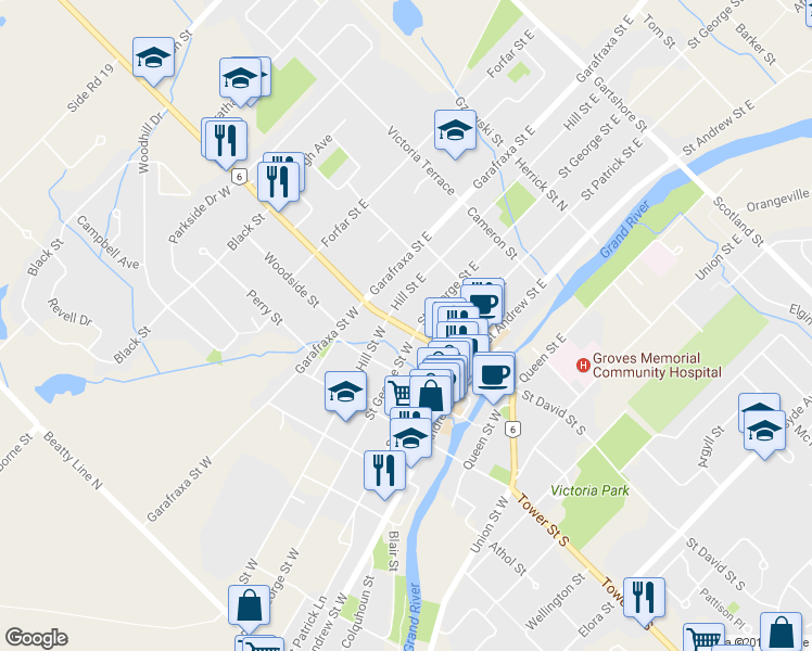 map of restaurants, bars, coffee shops, grocery stores, and more near 375 B Saint David Street North in Fergus