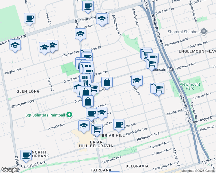 map of restaurants, bars, coffee shops, grocery stores, and more near 368 Hillmount Avenue in Toronto
