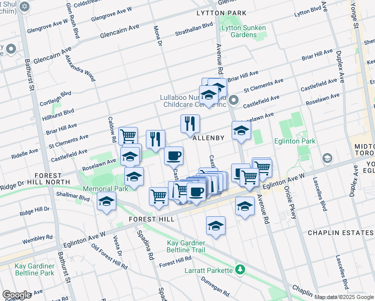 map of restaurants, bars, coffee shops, grocery stores, and more near 129 Heddington Avenue in Toronto