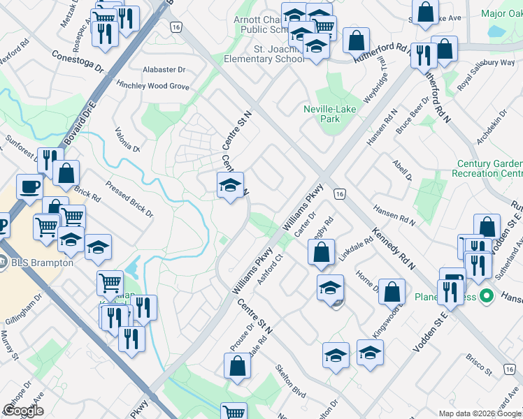 map of restaurants, bars, coffee shops, grocery stores, and more near 6 Blackthorn Lane in Brampton