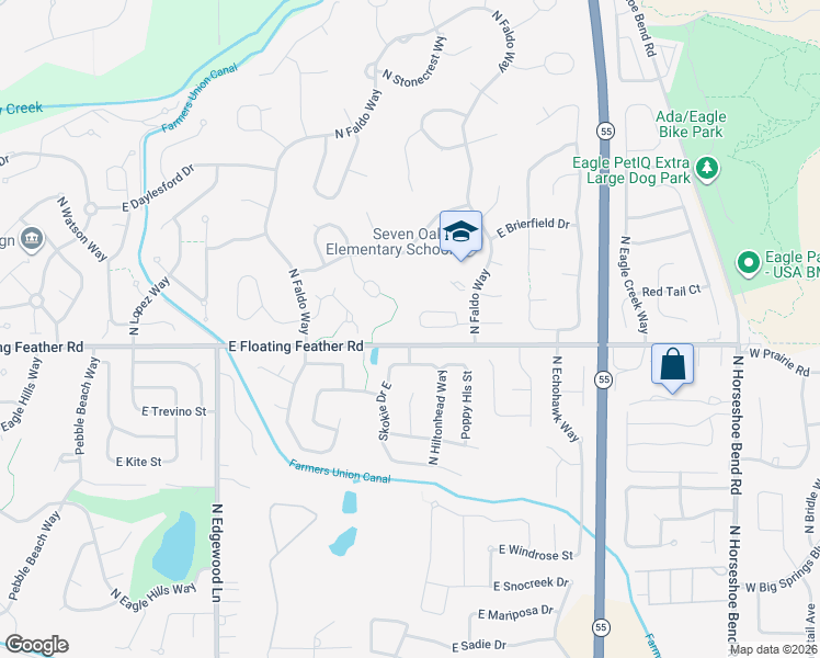 map of restaurants, bars, coffee shops, grocery stores, and more near 2223 East Ashbrook Drive in Eagle