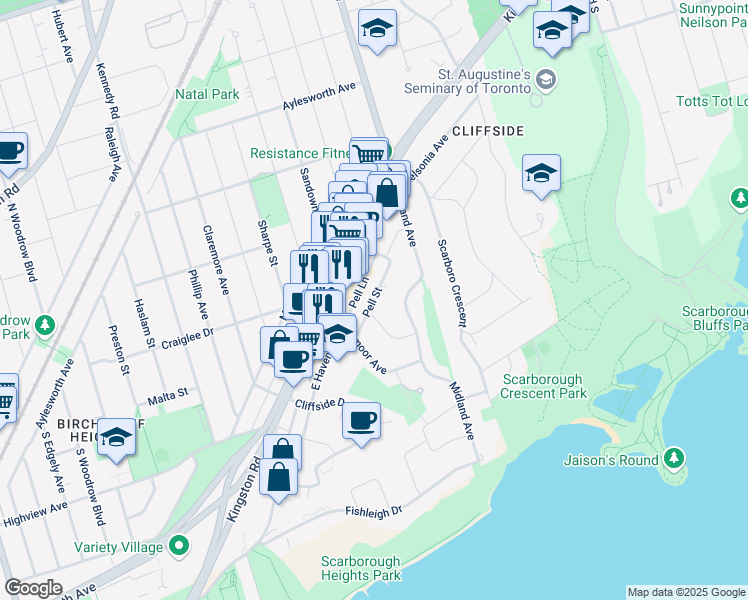 map of restaurants, bars, coffee shops, grocery stores, and more near Pell Street in Toronto