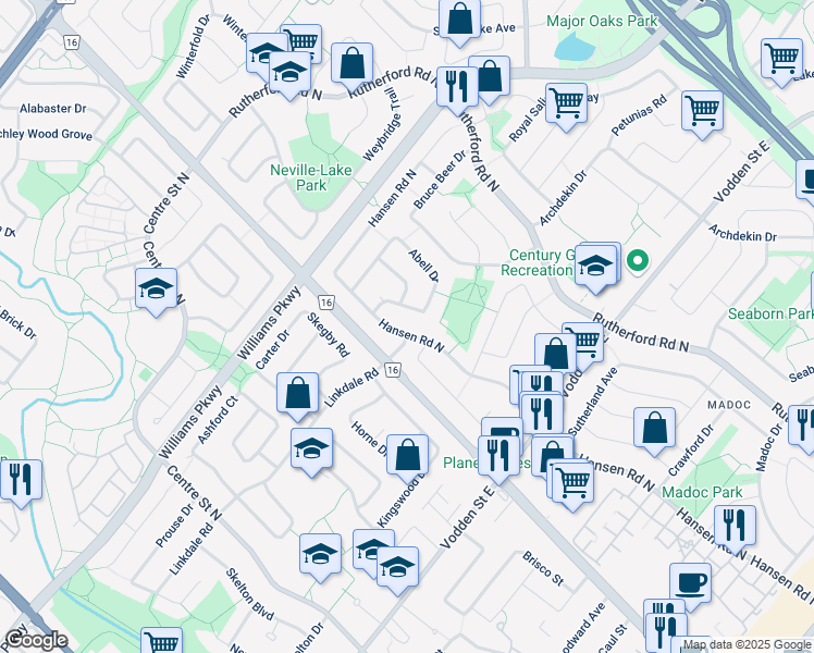 map of restaurants, bars, coffee shops, grocery stores, and more near 310 Hansen Road North in Brampton