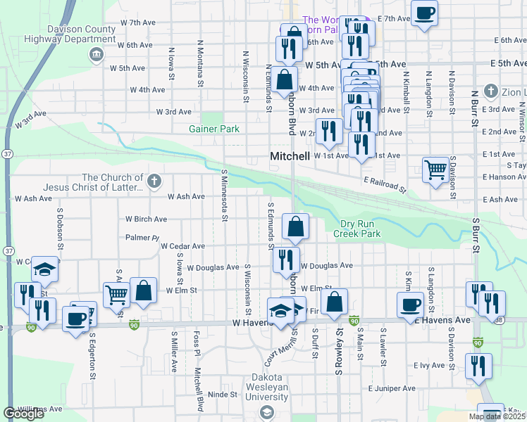 map of restaurants, bars, coffee shops, grocery stores, and more near 317 South Edmunds Street in Mitchell