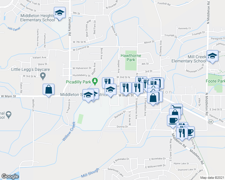 map of restaurants, bars, coffee shops, grocery stores, and more near 18 North Viking Avenue in Middleton