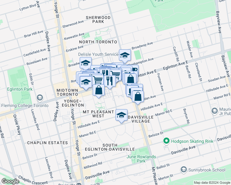 map of restaurants, bars, coffee shops, grocery stores, and more near in Toronto