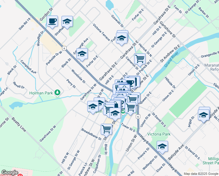 map of restaurants, bars, coffee shops, grocery stores, and more near 375 B Saint David Street North in Fergus