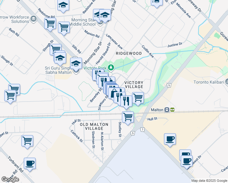 map of restaurants, bars, coffee shops, grocery stores, and more near 3015 Churchill Avenue in Mississauga