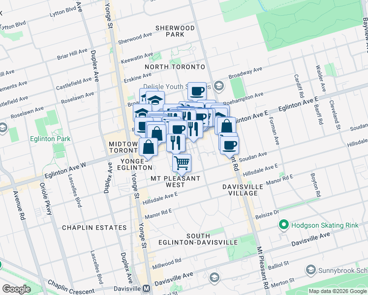 map of restaurants, bars, coffee shops, grocery stores, and more near 87 Lillian Street in Toronto