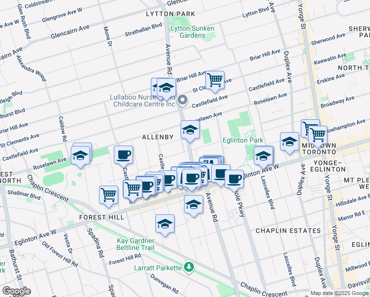 map of restaurants, bars, coffee shops, grocery stores, and more near 1084 Avenue Road in Toronto