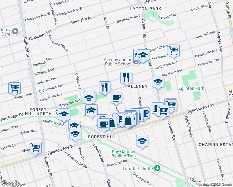 map of restaurants, bars, coffee shops, grocery stores, and more near 121 Castlewood Road in Toronto