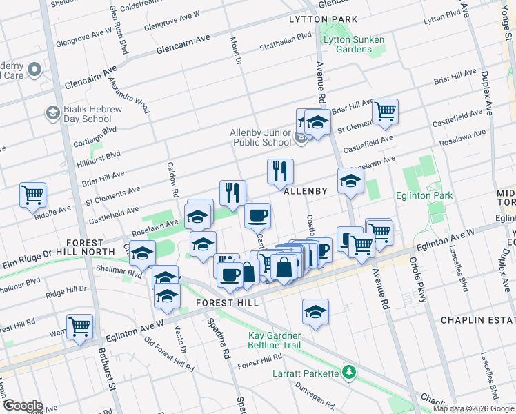 map of restaurants, bars, coffee shops, grocery stores, and more near in Toronto