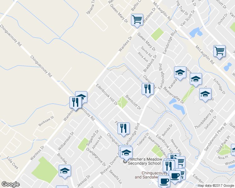 map of restaurants, bars, coffee shops, grocery stores, and more near 19 Clovercrest Drive in Brampton