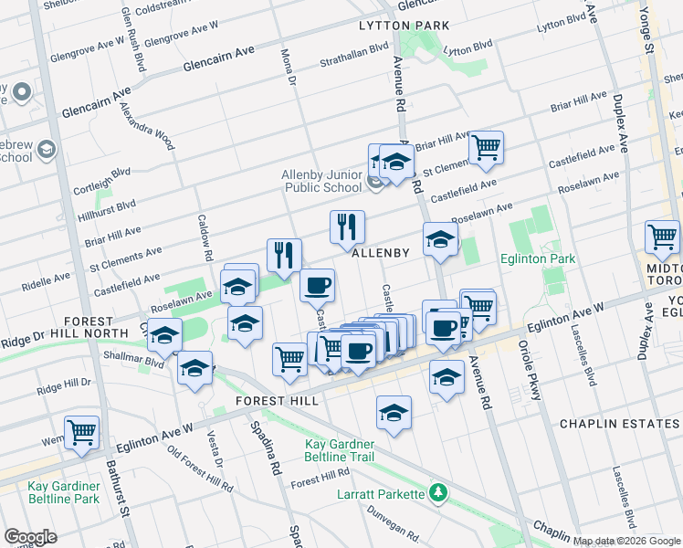 map of restaurants, bars, coffee shops, grocery stores, and more near in Toronto