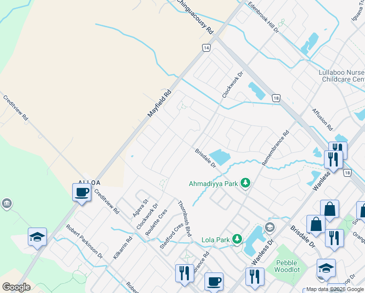 map of restaurants, bars, coffee shops, grocery stores, and more near 3 Kambalda Road in Brampton