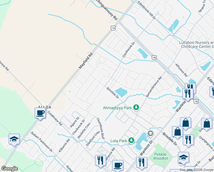 map of restaurants, bars, coffee shops, grocery stores, and more near 201 Clockwork Drive in Brampton