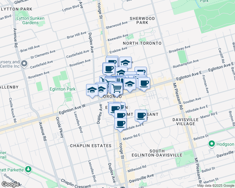map of restaurants, bars, coffee shops, grocery stores, and more near 8 Eglinton Avenue East in Toronto