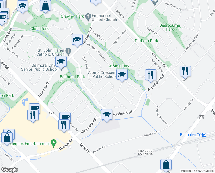 map of restaurants, bars, coffee shops, grocery stores, and more near 34 Argyle Crescent in Brampton