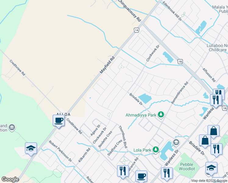 map of restaurants, bars, coffee shops, grocery stores, and more near Clockwork Drive in Brampton