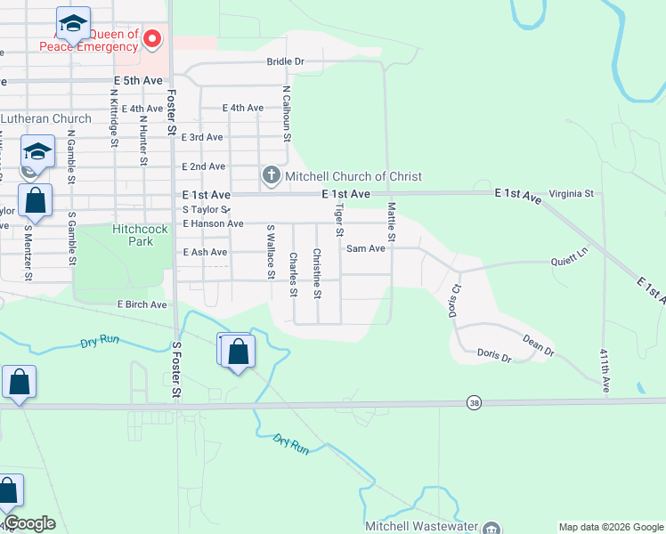 map of restaurants, bars, coffee shops, grocery stores, and more near 313 Tiger Street in Mitchell