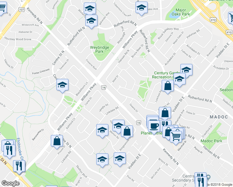 map of restaurants, bars, coffee shops, grocery stores, and more near 319 Hansen Road North in Brampton