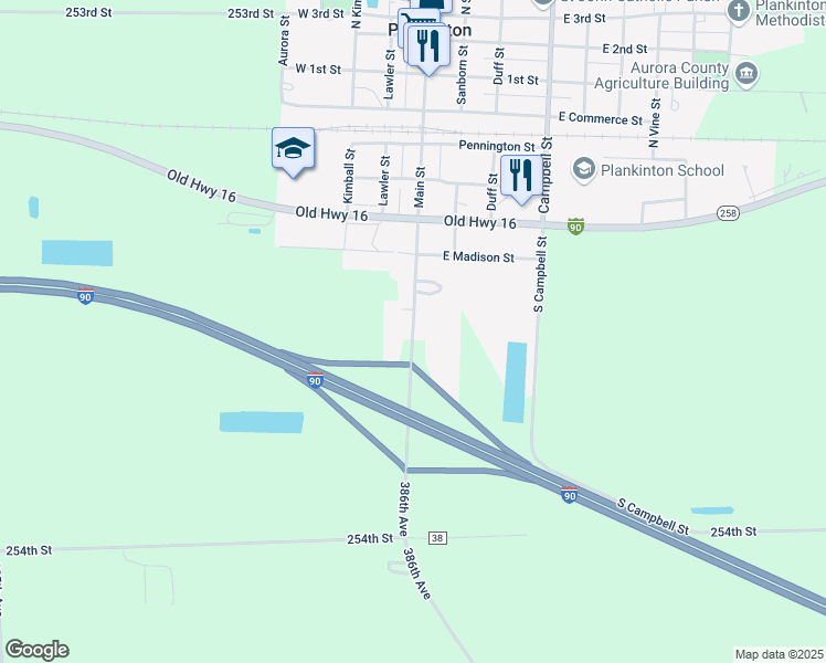 map of restaurants, bars, coffee shops, grocery stores, and more near South Main Street in Plankinton