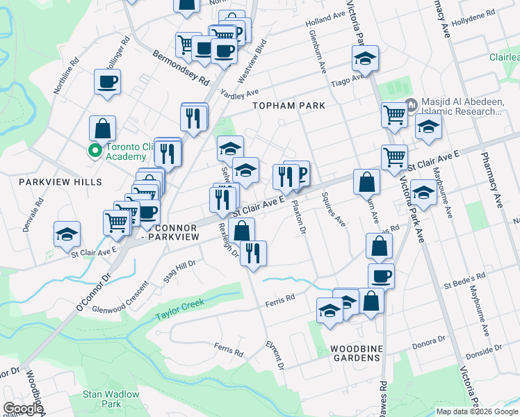map of restaurants, bars, coffee shops, grocery stores, and more near 2833 Saint Clair Avenue East in Toronto