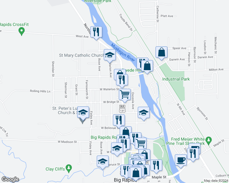 map of restaurants, bars, coffee shops, grocery stores, and more near 726 Marion Avenue in Big Rapids