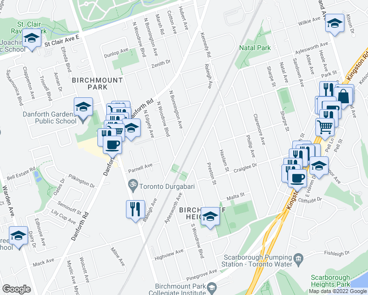 map of restaurants, bars, coffee shops, grocery stores, and more near 318 Aylesworth Avenue in Toronto
