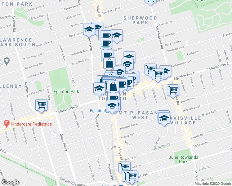map of restaurants, bars, coffee shops, grocery stores, and more near in Toronto