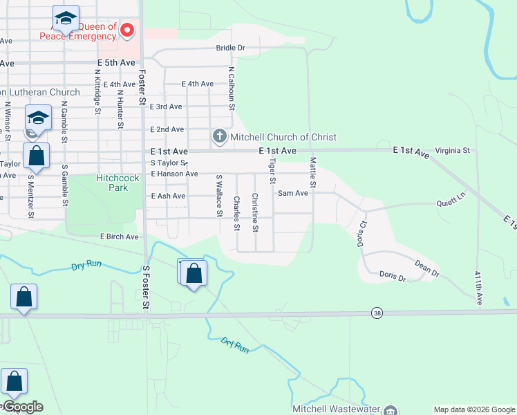 map of restaurants, bars, coffee shops, grocery stores, and more near 313 Tiger Street in Mitchell
