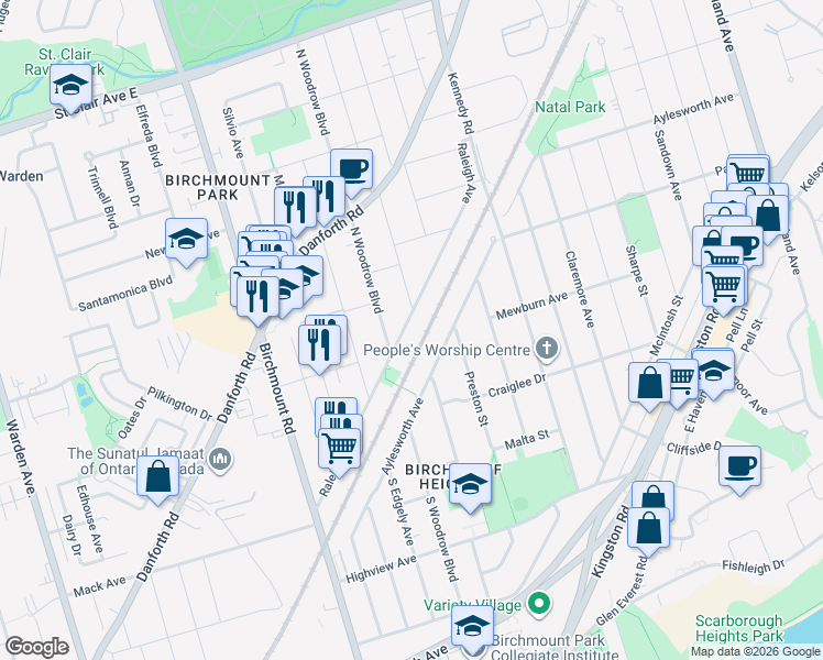 map of restaurants, bars, coffee shops, grocery stores, and more near 203 Raleigh Avenue in Toronto