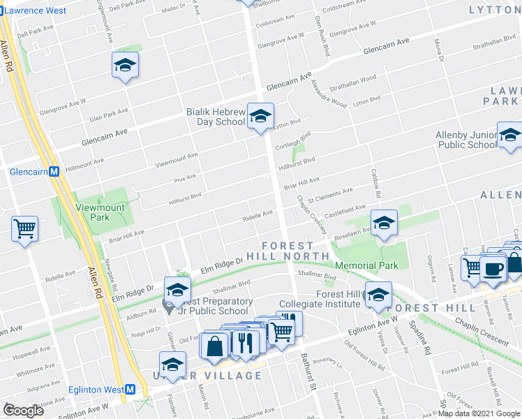 map of restaurants, bars, coffee shops, grocery stores, and more near 12 Ridelle Avenue in Toronto