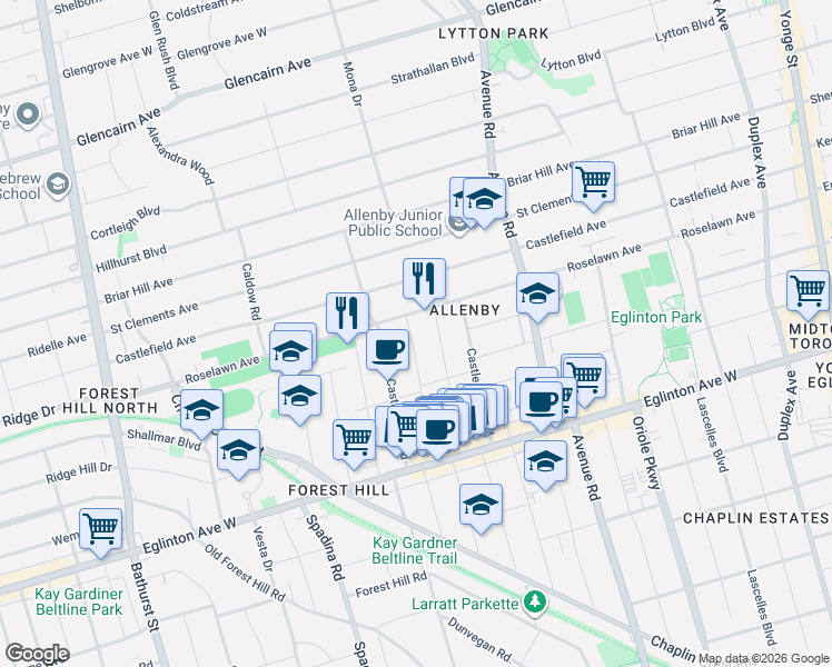 map of restaurants, bars, coffee shops, grocery stores, and more near 133 Heddington Avenue in Toronto