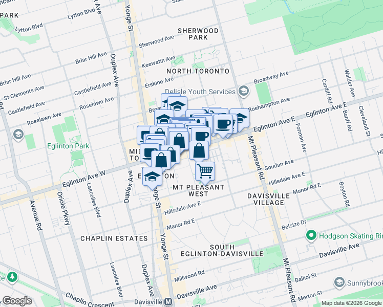 map of restaurants, bars, coffee shops, grocery stores, and more near 89 Dunfield Avenue in Toronto