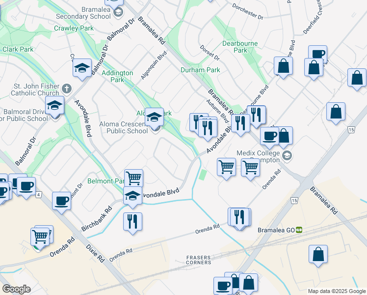 map of restaurants, bars, coffee shops, grocery stores, and more near 19 Aloma Crescent in Brampton