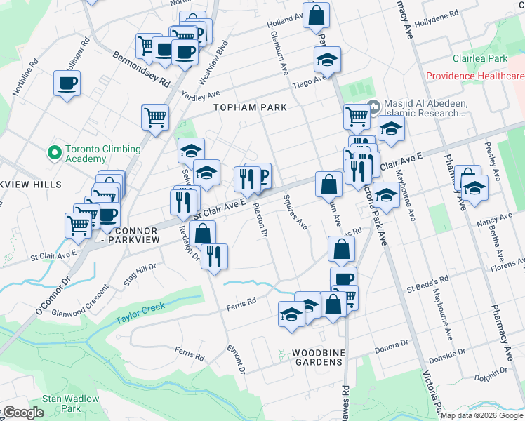 map of restaurants, bars, coffee shops, grocery stores, and more near in Toronto