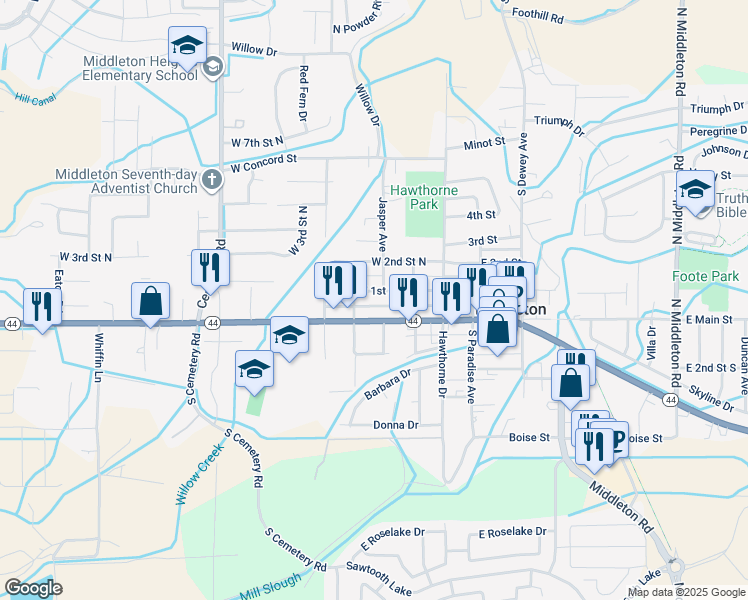 map of restaurants, bars, coffee shops, grocery stores, and more near 18 North Viking Avenue in Middleton