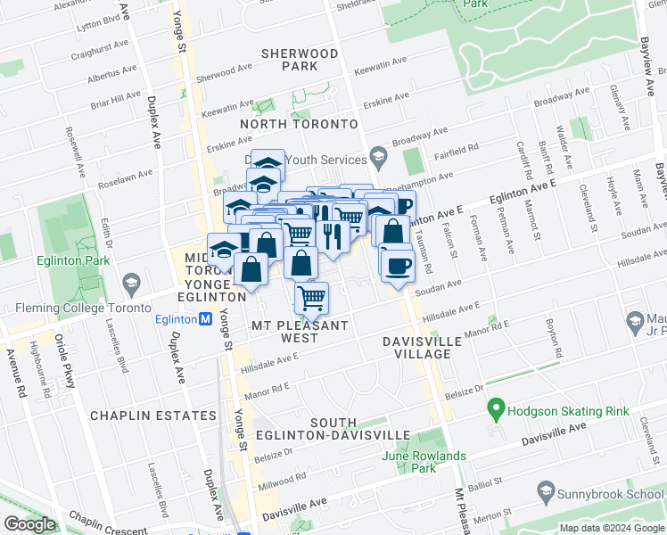 map of restaurants, bars, coffee shops, grocery stores, and more near 89 Lillian Street in Toronto