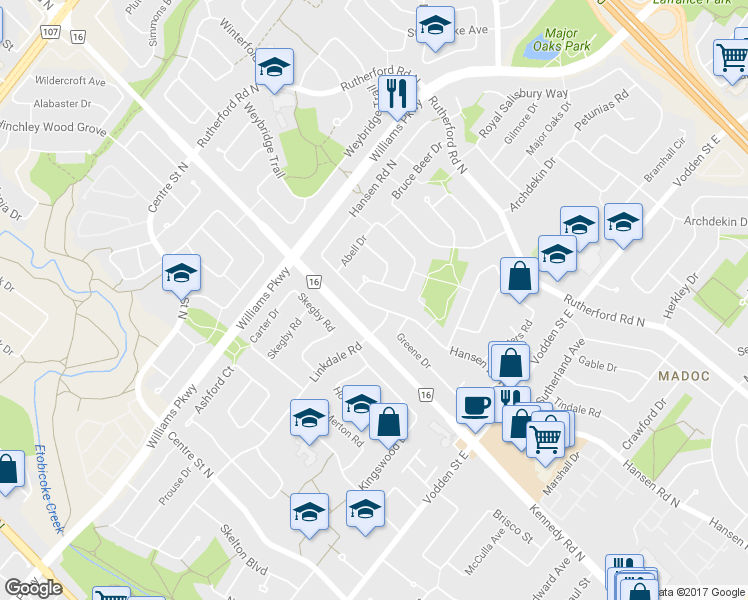 map of restaurants, bars, coffee shops, grocery stores, and more near 310 Hansen Road North in Brampton