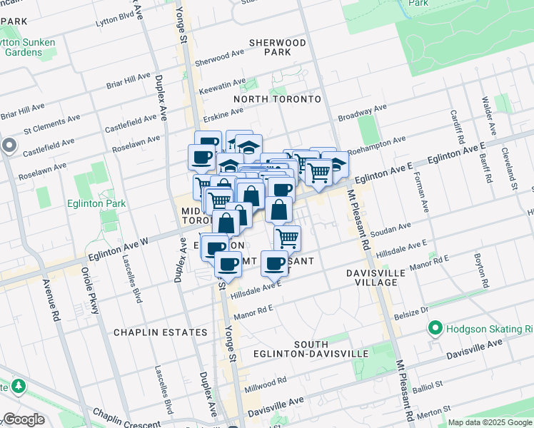 map of restaurants, bars, coffee shops, grocery stores, and more near 89 Dunfield Avenue in Toronto