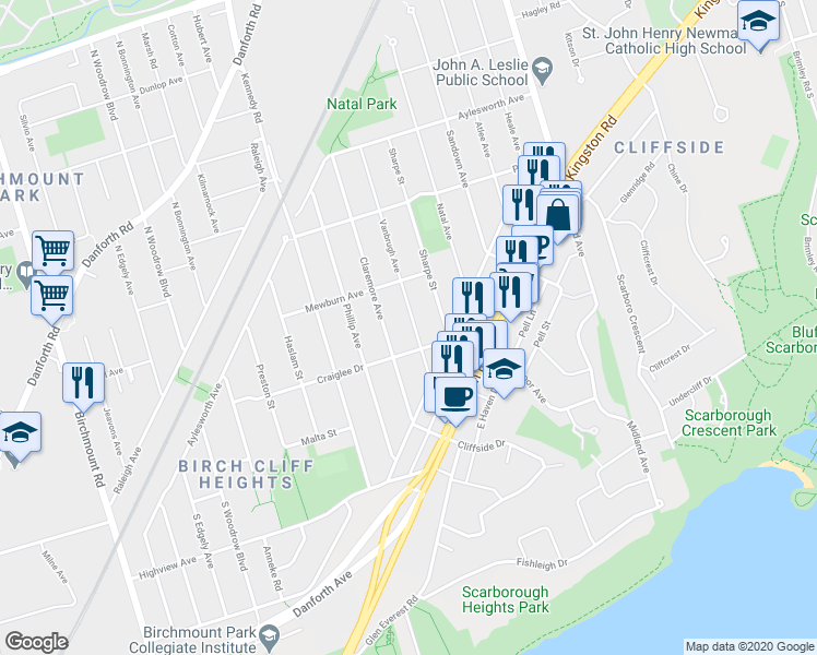 map of restaurants, bars, coffee shops, grocery stores, and more near 18 Vanbrugh Avenue in Toronto