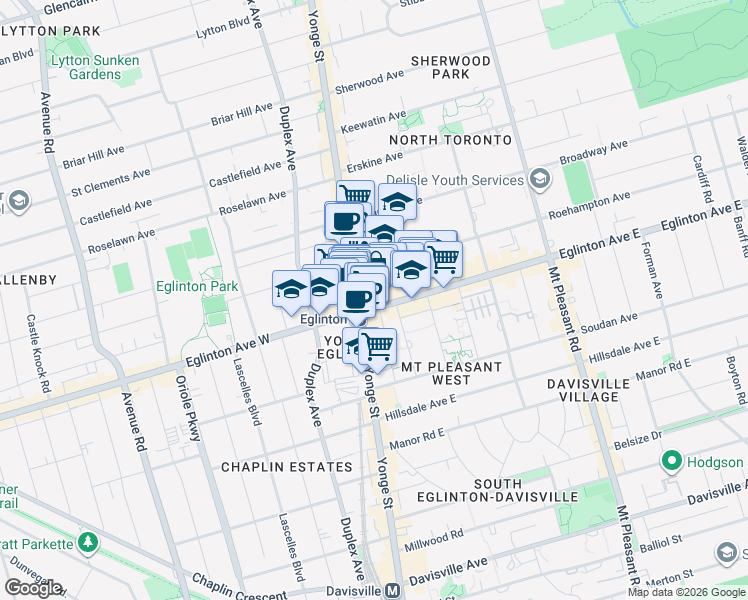 map of restaurants, bars, coffee shops, grocery stores, and more near 8 Eglinton Avenue East in Toronto