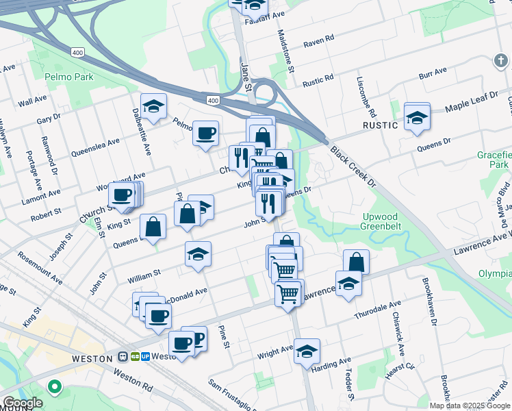 map of restaurants, bars, coffee shops, grocery stores, and more near 255 Queens Drive in Toronto