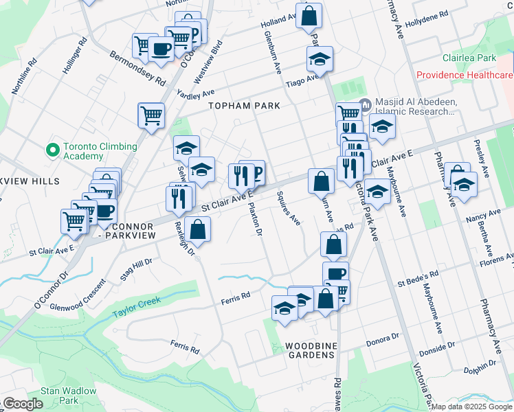 map of restaurants, bars, coffee shops, grocery stores, and more near 42 Glencrest Boulevard in Toronto