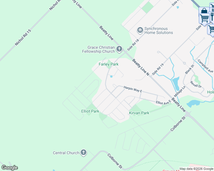 map of restaurants, bars, coffee shops, grocery stores, and more near 140 Farley Road in Fergus